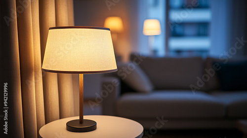 Warmly lit table lamp beside a cozy couch in a modern living room during evening hours