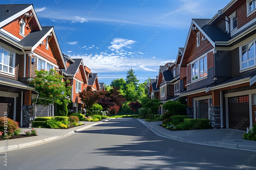Serene Suburban Street with Lush Greenery and Charming Homes Serene Suburban Street with Lush Greenery and Charming Homes