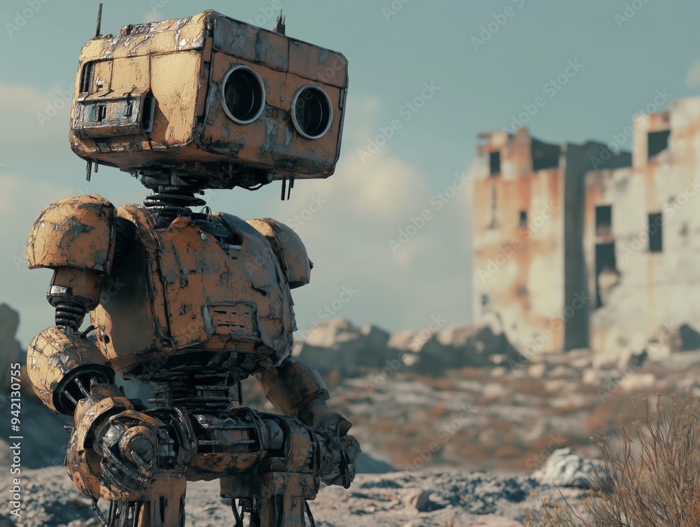 Rusty Robot inPost-Apocalyptic Landscape: Surreal Futuristic Art Piece Rusty Robot inPost-Apocalyptic Landscape: Surreal Futuristic Art Piece