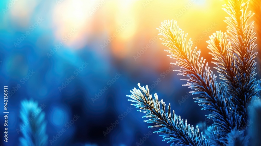 A close-up of frosty evergreen needles, illuminated by warm sunlight, creating a serene winter atmosphere. A close-up of frosty evergreen needles, illuminated by warm sunlight, creating a serene winter atmosphere.