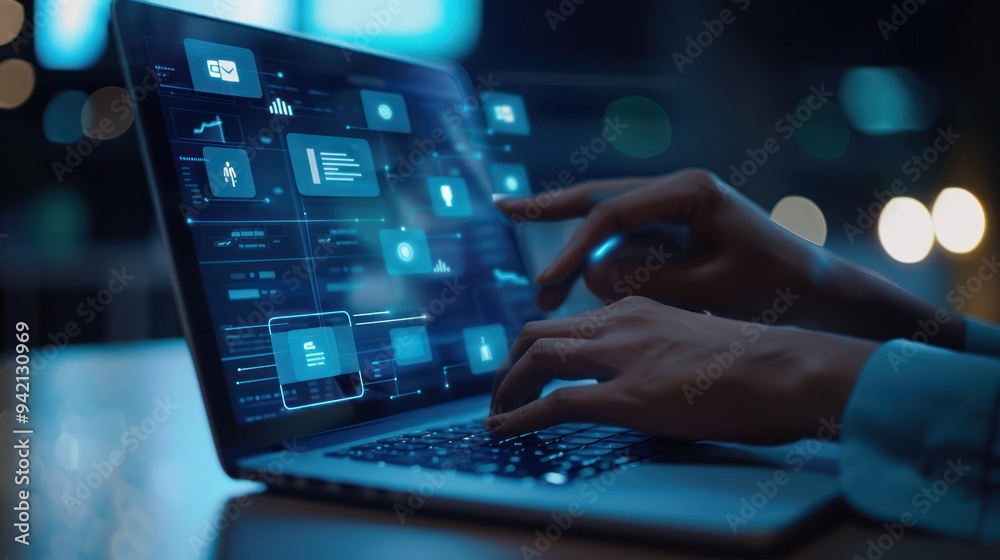 Hands Typing on a Laptop with a Blue Interface Hands Typing on a Laptop with a Blue Interface