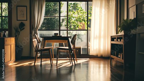 Sunlit dining area with wooden furniture and green plants in a cozy home setting during afternoon hours