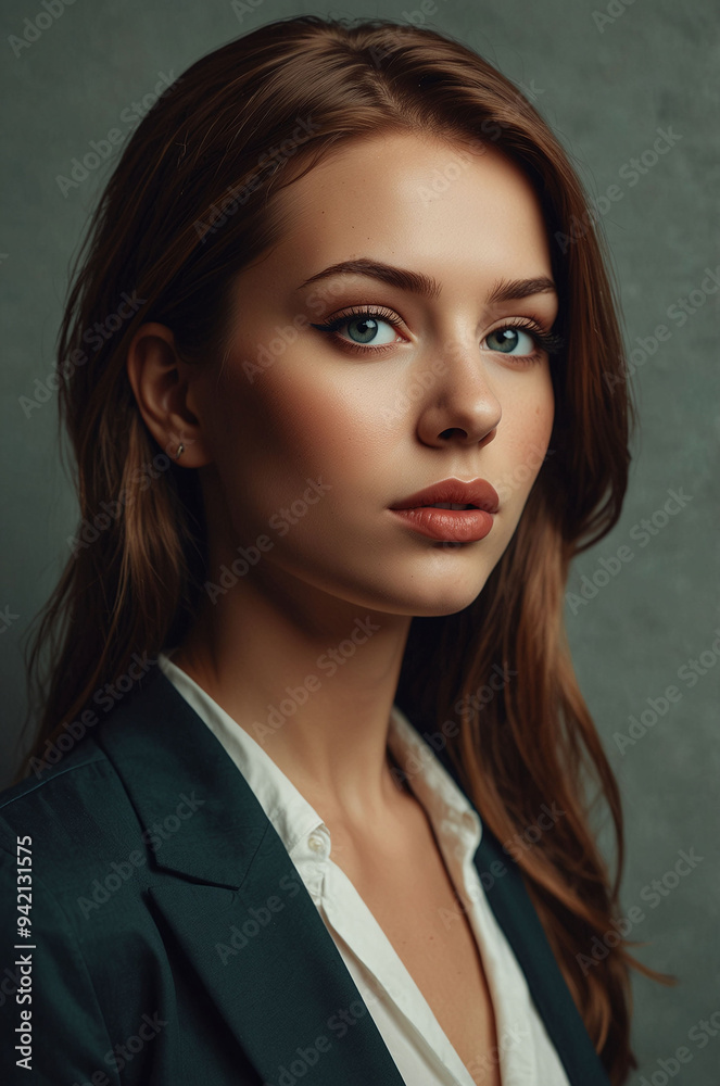 Elegant Portrait of a Young Woman with Brown Hair Wearing a Dark Blazer Elegant Portrait of a Young Woman with Brown Hair Wearing a Dark Blazer