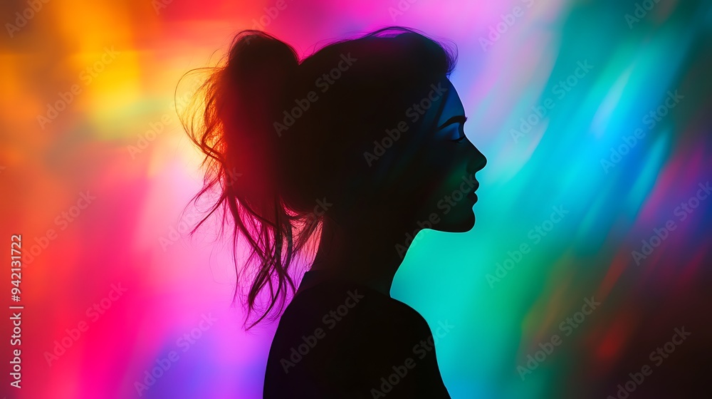 A woman silhouette blending with the colors of a vibrant rainbow.