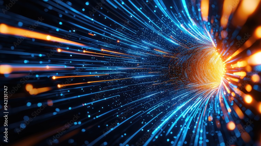 A vibrant tunnel of light and energy, depicting futuristic motion with glowing particles swirling towards a bright center. A vibrant tunnel of light and energy, depicting futuristic motion with glowing particles swirling towards a bright center.
