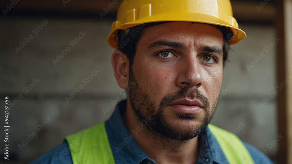 Close-up of a Male Construction Worker Wearing a Yellow Hard Hat and Safety Vest Close-up of a Male Construction Worker Wearing a Yellow Hard Hat and Safety Vest