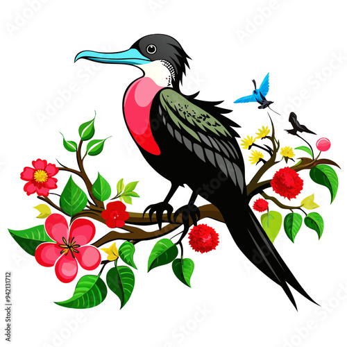 frigatebird Vector glossy Style with A flower Tree Branch on a White Background.
