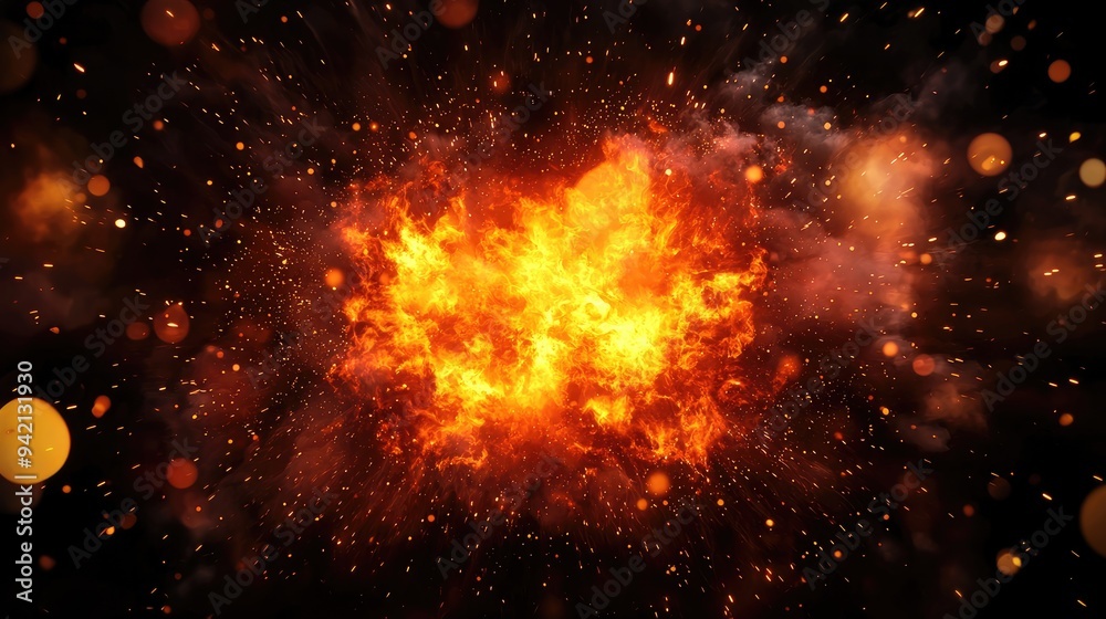 Naklejka premium Dynamic explosion with vibrant flames and sparks, showcasing powerful energy against a dark background.