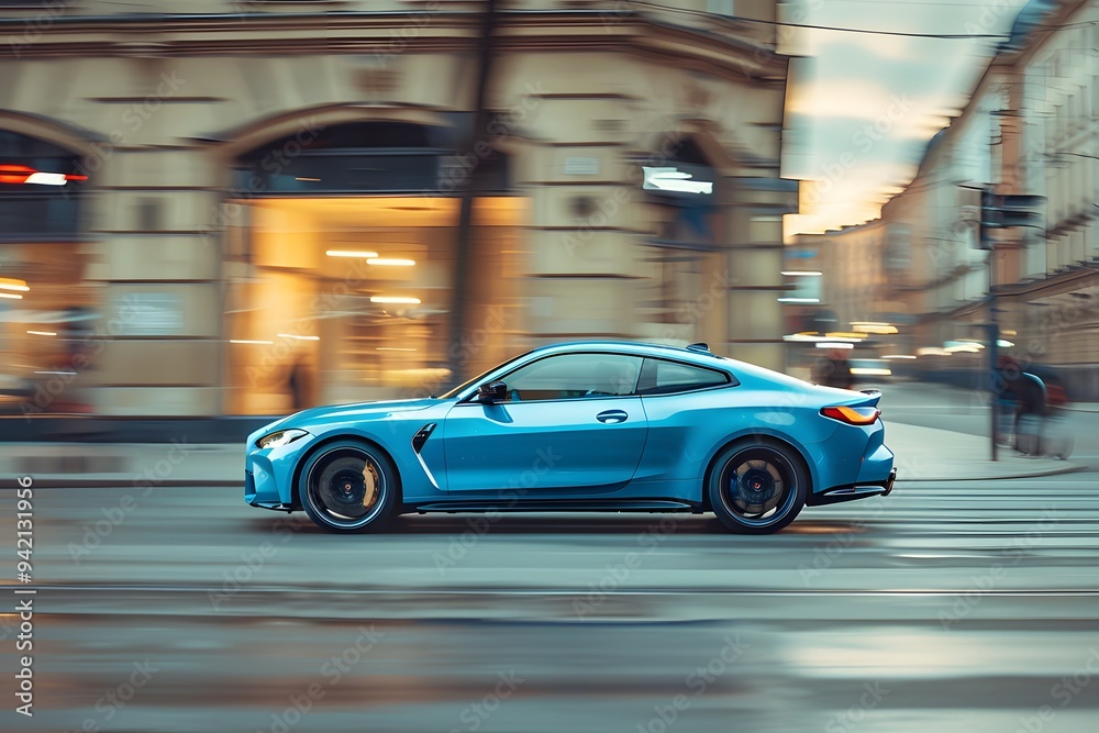 Dynamic Blue Sports Car in Motion on Urban Street Dynamic Blue Sports Car in Motion on Urban Street