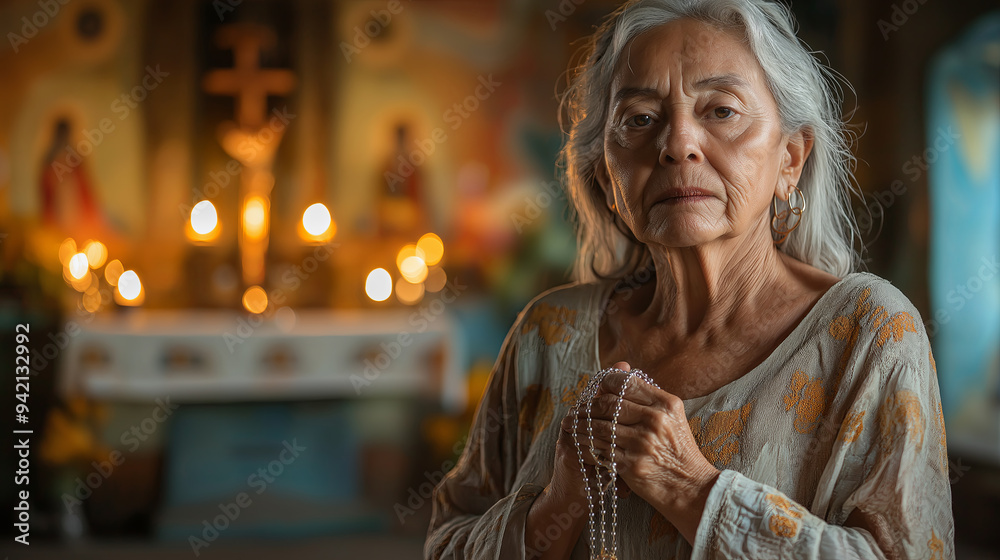 Elderly Woman Praying with Rosary in Candlelit Church Elderly Woman Praying with Rosary in Candlelit Church