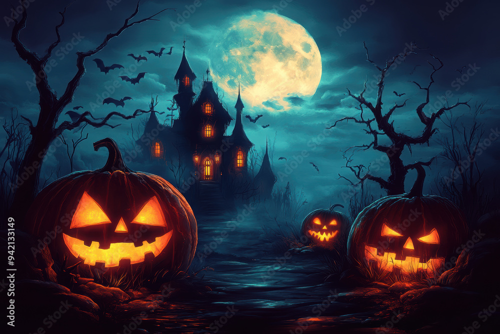 Halloween pumpkin head jack lantern with burning candles, Spooky Forest with a full moon and wooden table, Pumpkins In Graveyard In The Spooky Night - Halloween Backdrop. Ai Generative Halloween pumpkin head jack lantern with burning candles, Spooky Forest with a full moon and wooden table, Pumpkins In Graveyard In The Spooky Night - Halloween Backdrop. Ai Generative