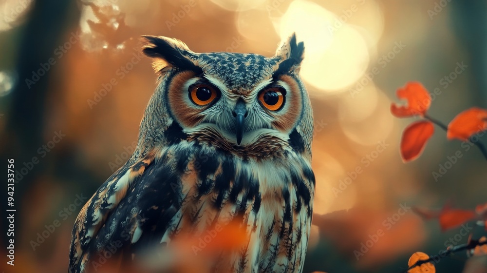 A majestic owl with piercing yellow eyes stares intensely at the camera, perched amongst autumn leaves in a forest setting. A majestic owl with piercing yellow eyes stares intensely at the camera, perched amongst autumn leaves in a forest setting.
