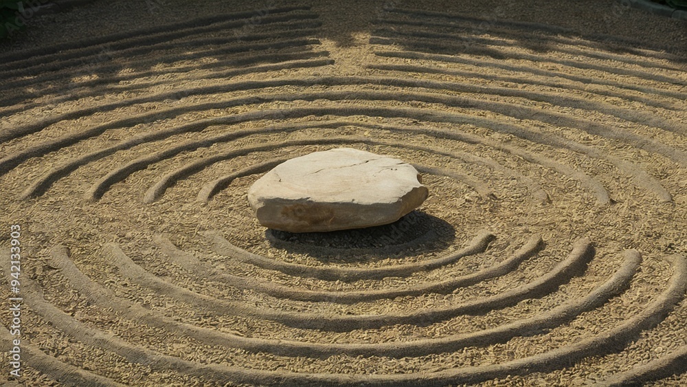 Central Stone in a Raked Gravel Garden with Sunlight Central Stone in a Raked Gravel Garden with Sunlight
