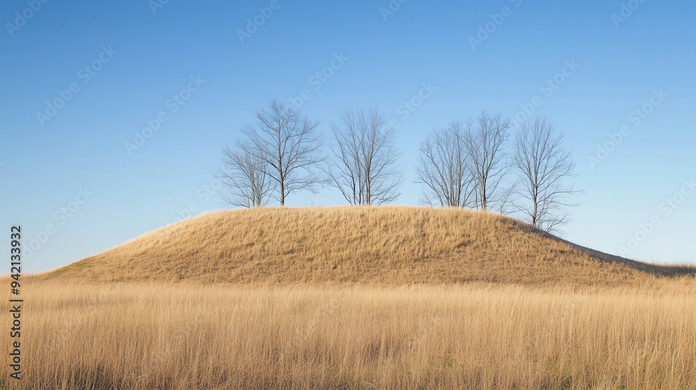 Naklejka premium Malownicza sceneria przedstawia trawiasty pagórek, delikatnie wynurzający się z płaskiego terenu pod rozległym, jasnym niebem.