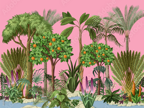 Landscape with jungle trees and flowers for kids wallpapers. Vector.