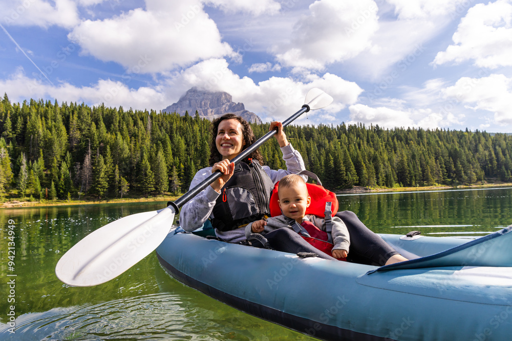 Mother and Child Kayaking on Chinook Lake in Alberta, Canada Mother and Child Kayaking on Chinook Lake in Alberta, Canada