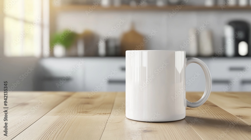 white coffee mug mockup on a wooden table with a blurred background in a kitchen room white coffee mug mockup on a wooden table with a blurred background in a kitchen room