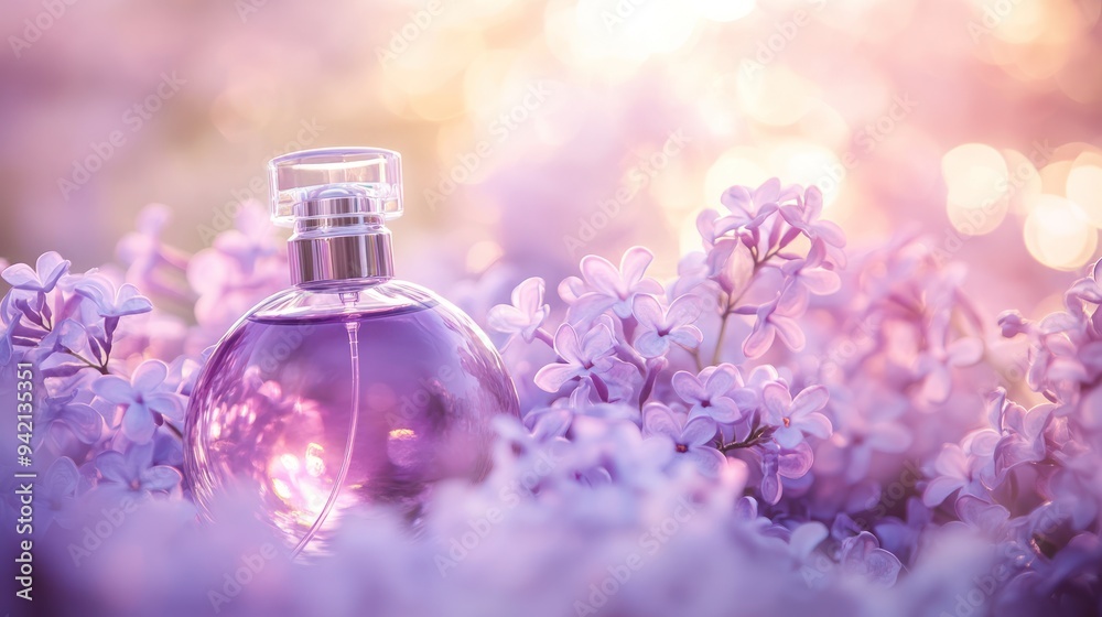 Perfume Bottle Surrounded by Lilac Flowers Perfume Bottle Surrounded by Lilac Flowers