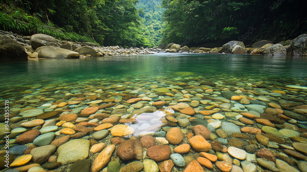 Naklejka premium Przejrzysta woda spokojnej rzeki odsłania kolorowe, gładkie kamienie, które leżą na dnie. 