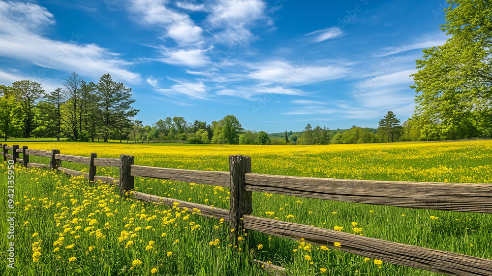Naklejka premium : Spokojny krajobraz ukazuje rustykalny, drewniany płot, który delikatnie wije się wzdłuż żywych, zielonych pól pokrytych kwitnącymi, żółtymi kwiatami.