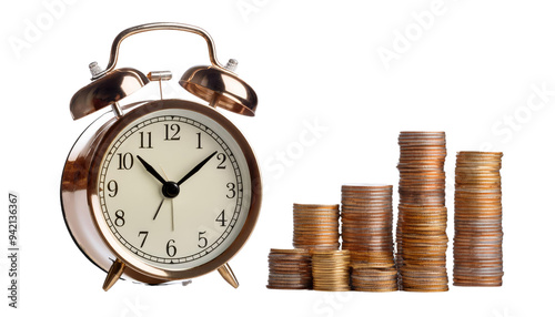 Alarm Clock with Coins – Financial Planning, Time and Money, Time Management with Savings, Coin Stack and Clock, Isolated on Transparent Background, PNG File