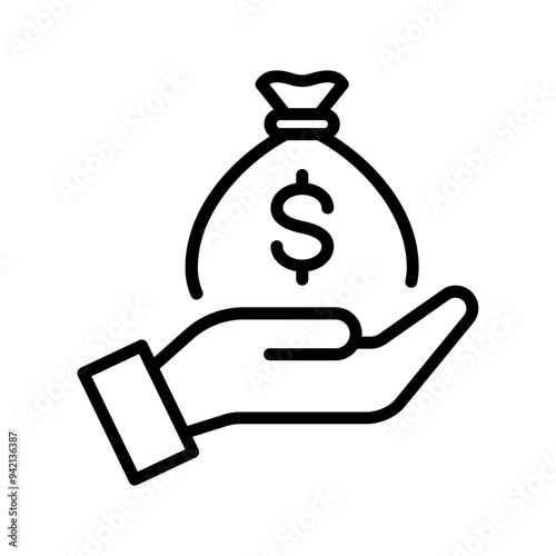 Single black hand holding money thin line icon, simple give financial investment flat design vector pictogram, infographic interface elements for app logo web button ui ux isolated on white background