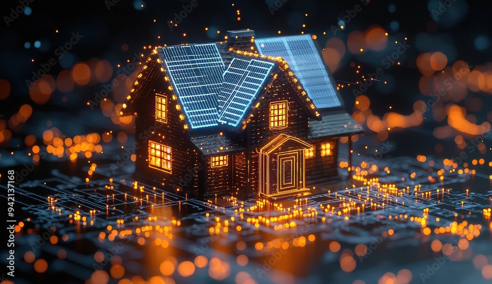 A digital house sits atop a digital circuit board, glowing with blue and orange lights.