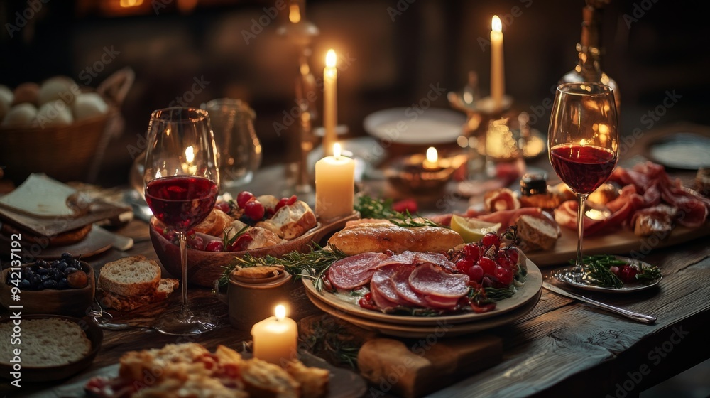 A rustic wooden table set with a feast of food, wine, and candles, for a medieval or fantasy-themed dinner. A rustic wooden table set with a feast of food, wine, and candles, for a medieval or fantasy-themed dinner.