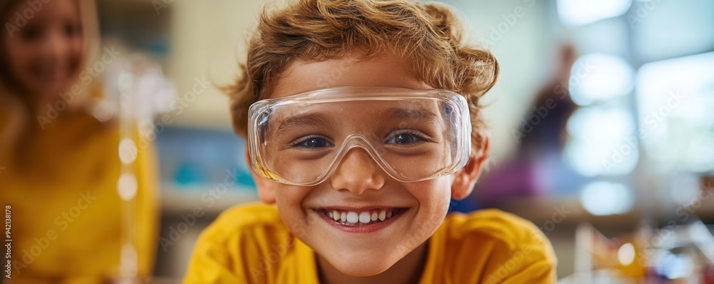 Happy pupil wearing safety goggles, conducting a science experiment with a big smile, handson learning joy Happy pupil wearing safety goggles, conducting a science experiment with a big smile, handson learning joy