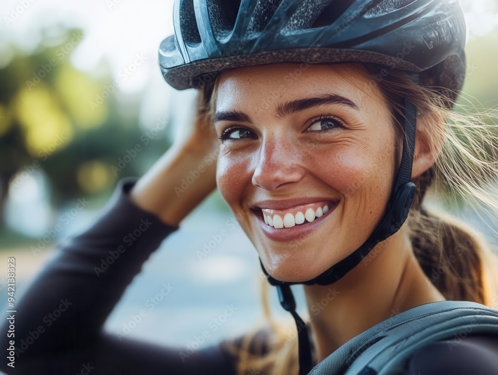 A joyful young woman in a bike helmet, smiling brightly, enjoying her outdoor cycling adventure in a sunlit park. A joyful young woman in a bike helmet, smiling brightly, enjoying her outdoor cycling adventure in a sunlit park.