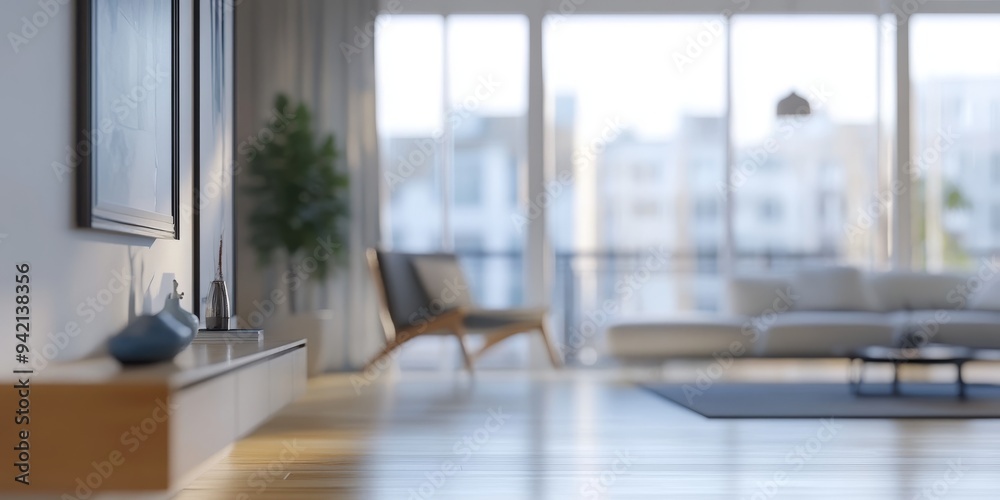 Fototapeta premium Imagine a Scandinavian interior featuring a spacious, naturally lit living room with modern furniture and minimalist decor, creating an atmosphere perfect for relaxation and comfort