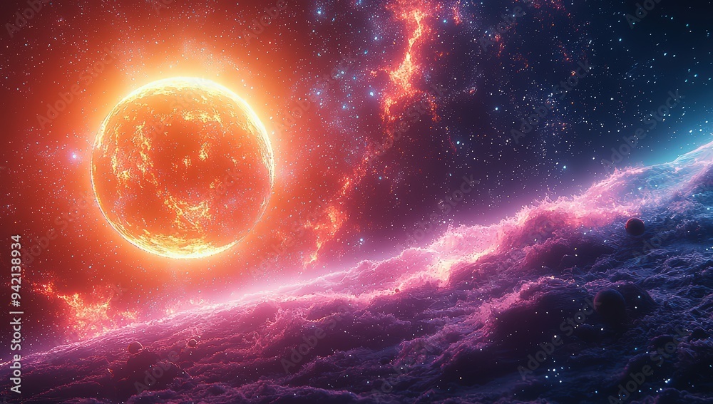 Obraz premium planets orbiting around each other, glowing with neon colors and swirling lines of energy in the background. 
