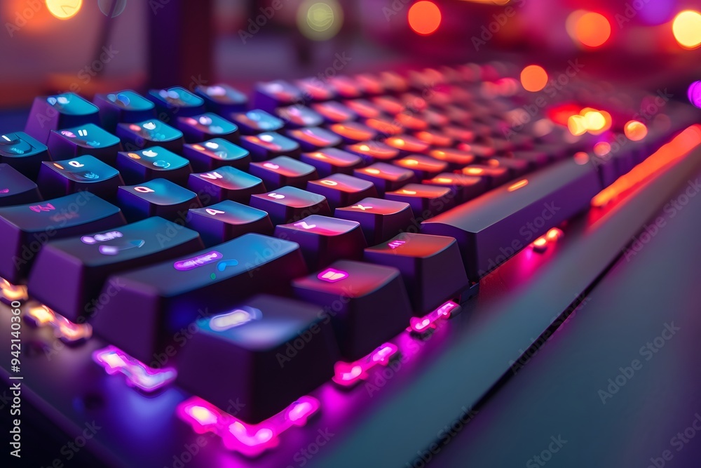 Fototapeta premium Vibrant Close-Up of a Backlit Gaming Keyboard with Colorful LED Lights
