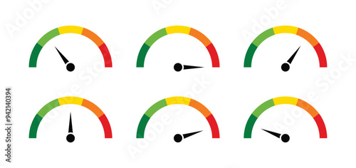 Speedometer icons with arrow. Dashboard with green, yellow and red indicators. tachometer. Low, medium, high and risk levels.