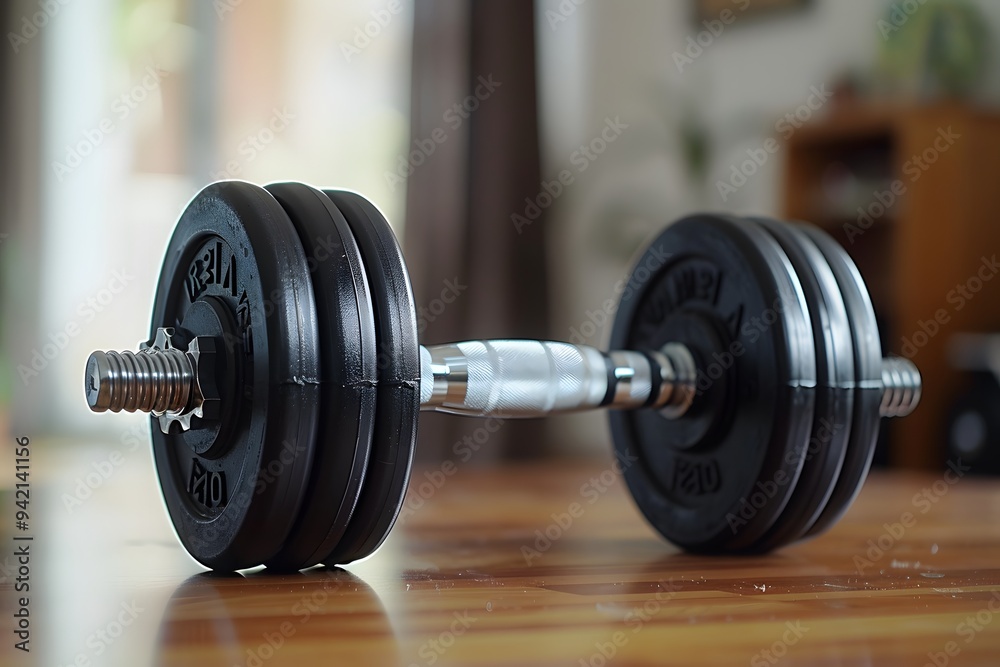 A Close-Up of a Dumbbell on a Wooden Surface A Close-Up of a Dumbbell on a Wooden Surface