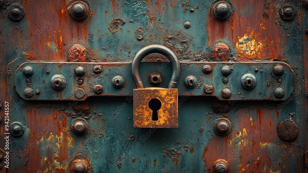 Rusty Padlock on Metal Door Rusty Padlock on Metal Door