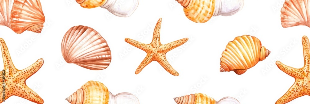 This watercolor pattern features seashells and starfish in warm orange hues, perfect for beachthemed projects that enhance home decor and evoke summertime and coastal livings serene beauty This watercolor pattern features seashells and starfish in warm orange hues, perfect for beachthemed projects that enhance home decor and evoke summertime and coastal livings serene beauty
