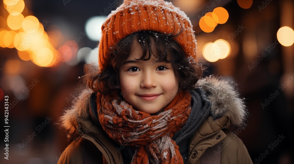 Asian child in winter coat, looking at Christmas market, holiday decorations, festive street Asian child in winter coat, looking at Christmas market, holiday decorations, festive street