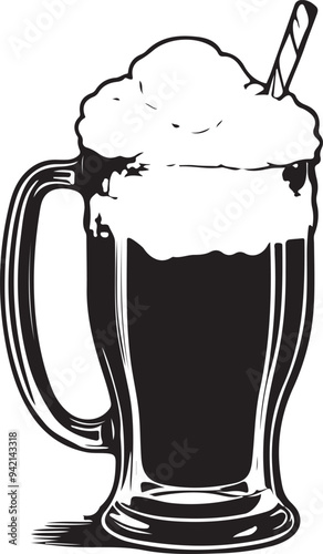 Root Beer float in a heavy handled mug vector black color silhouette,