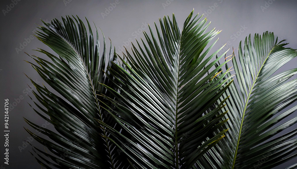 A realistic photo of palm leaves artistically arranged against a clean gray studio background, showcasing their vibrant green hues and intricate textures. A realistic photo of palm leaves artistically arranged against a clean gray studio background, showcasing their vibrant green hues and intricate textures.