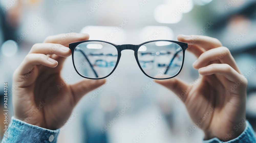Hands holding glasses in front of a blurred background at an optical shop, focusing on the lenses while other eyewear is visible in the background