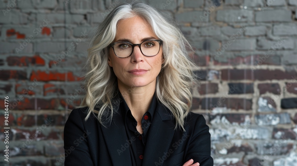 Confident middle-aged woman with long silver hair and glasses dressed in black attire standing against a rustic brick wall background with arms folded Confident middle-aged woman with long silver hair and glasses dressed in black attire standing against a rustic brick wall background with arms folded