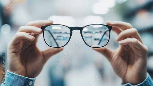 Hands holding glasses in front of a blurred background at an optical shop, focusing on the lenses while other eyewear is visible in the background photo