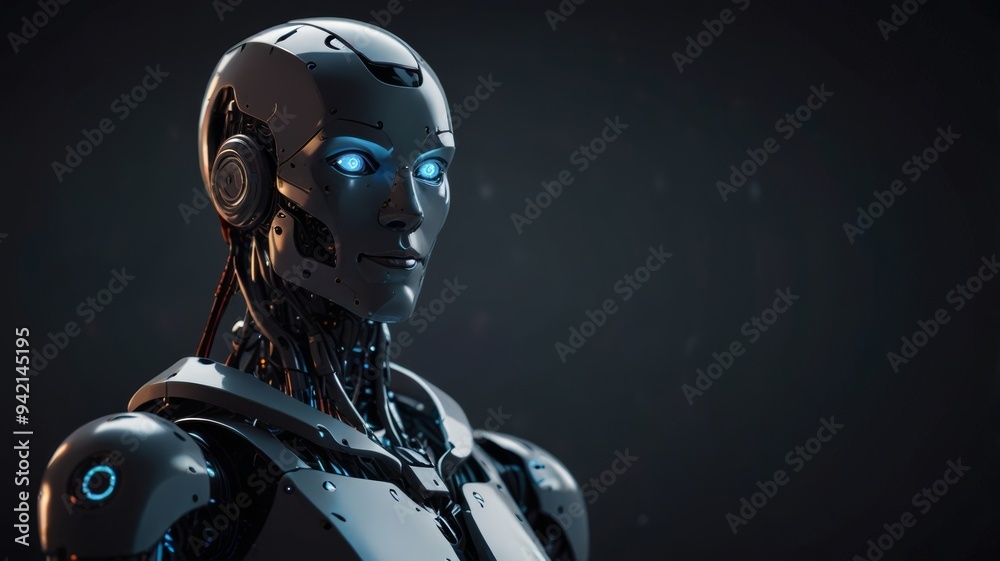 A robot with bright blue eyes glowing, standing against a dark background, showcasing its futuristic design. A robot with bright blue eyes glowing, standing against a dark background, showcasing its futuristic design.