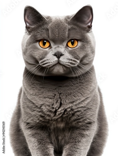 A gray cat with striking yellow eyes, sitting confidently and looking directly at the viewer.