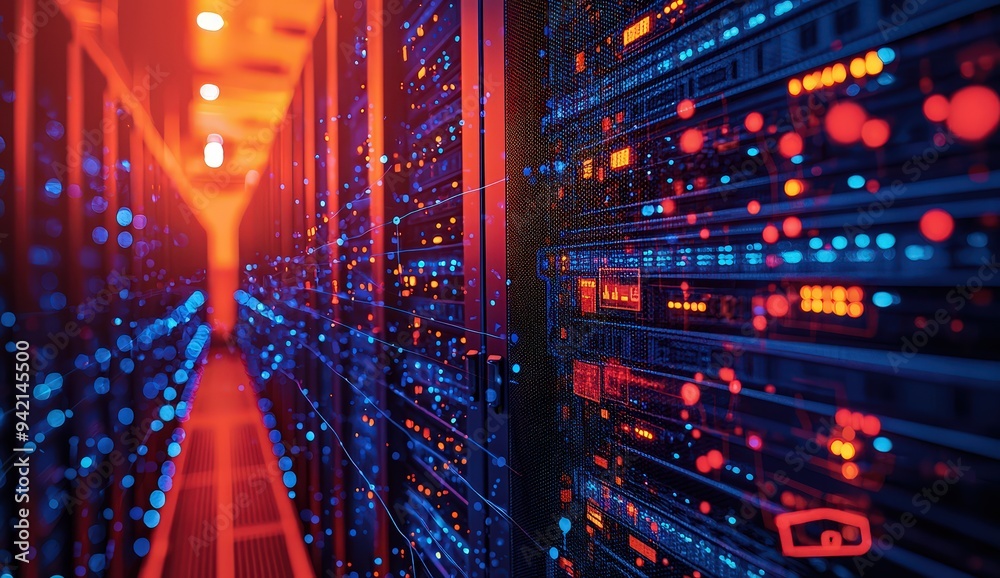 A close-up of the back side of an array or row of digital server cabinets, each displaying small icons representing various cloud services A close-up of the back side of an array or row of digital server cabinets, each displaying small icons representing various cloud services