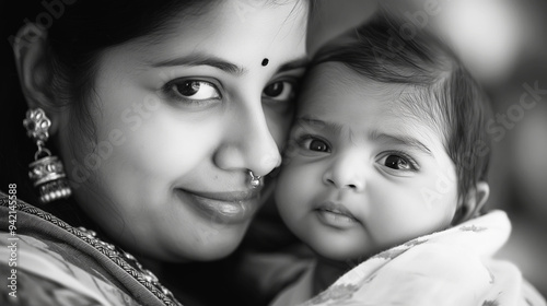 Mother and baby share an intimate moment captured in black and white. Baby's expression is calm while mother smiles gently, both dressed in traditional attire photo