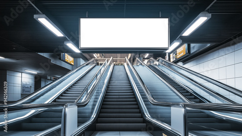 Empty billboard above a modern escalator in a subway station. The sleek design and bright lighting highlight the futuristic urban environment