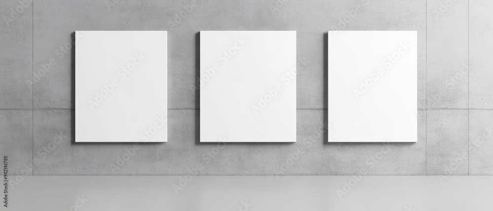 3 blank white canvases hanging on a concrete wall in an empty room. A minimalist setup creates a clean, gallery-like environment for displaying artwork. Generative AI 3 blank white canvases hanging on a concrete wall in an empty room. A minimalist setup creates a clean, gallery-like environment for displaying artwork. Generative AI