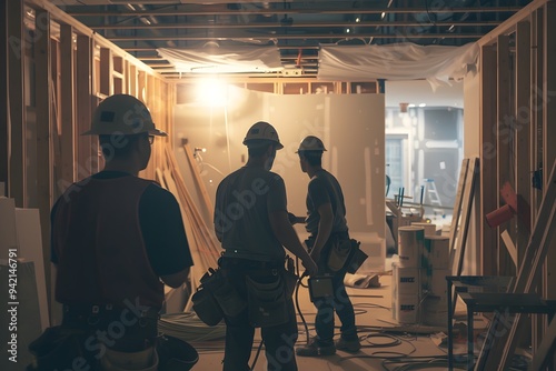 Construction Workers Collaborating in a Dimly Lit Renovation Space